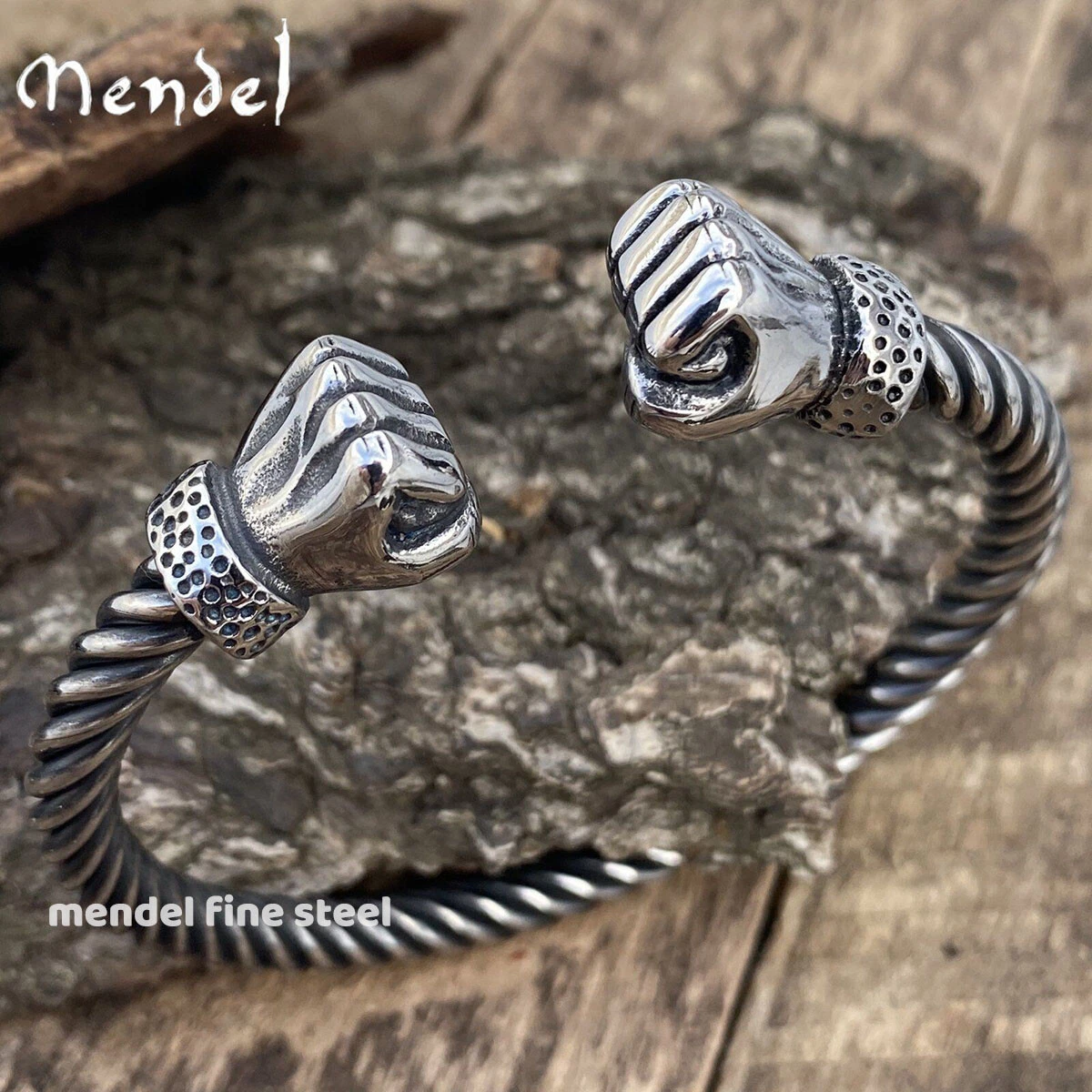 MENDEL 8 Inch Mens Stainless Steel Viking Hand Fist Cuff Bangle Bracelet For Men
