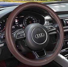 Brown Genuine Leather Steering Wheel Cover 15 Inch Universal Fit