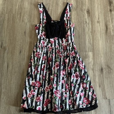 Hot Topic Milkmaid Dress Corset SM Fit Flare Rose Thorn Striped Punk Gothic Rock