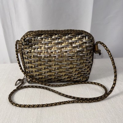 LJS Collection Vintage Woven Leather Weaved Metallic Gold & Silver  Purse