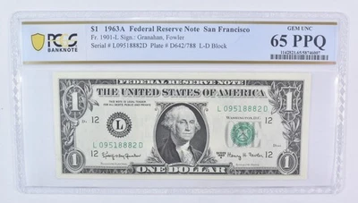 1963 A $1 San Francisco CA FRN Fr#1901-L Gem Unc 65 PPQ PCGS - Image 1 of 3