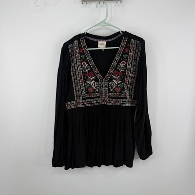 Knox Rose Blouse Women Large Black Embroidered V-Neck Boho Peplum Long Sleeve