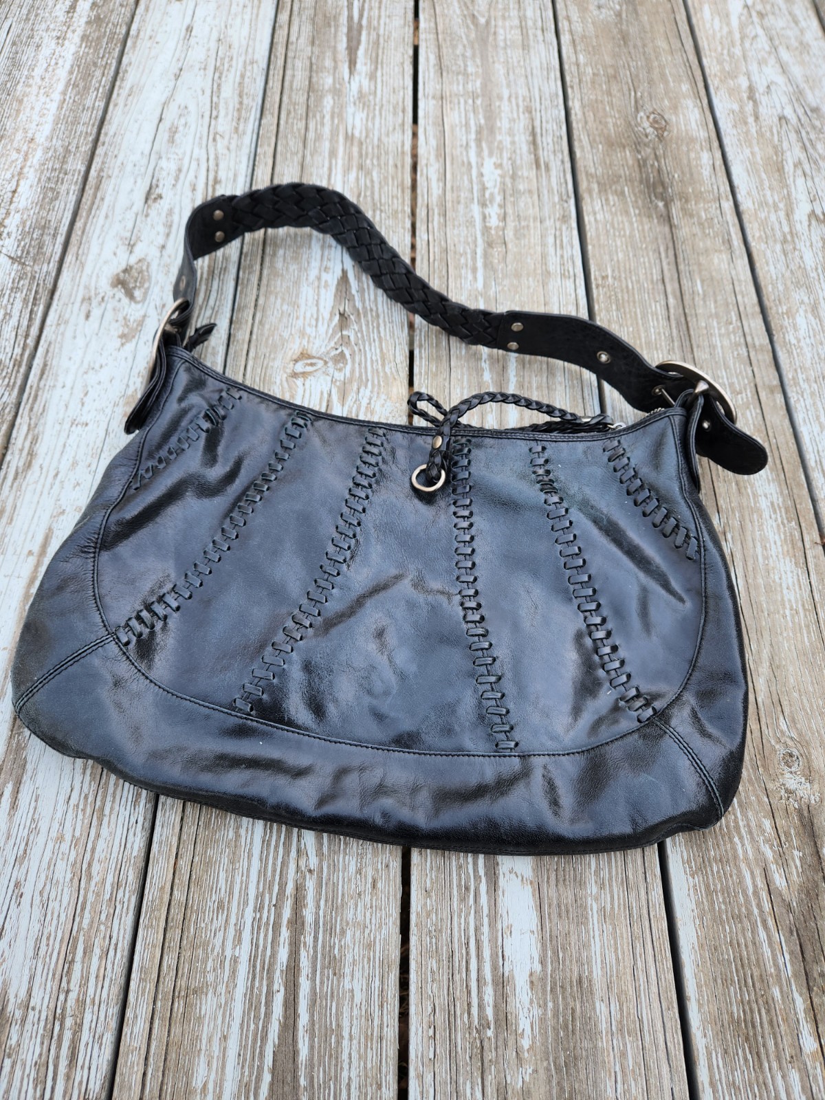 Cynthia H Designs Black Leather Handbag Bag Adjustable Braided Strap Zip Closure