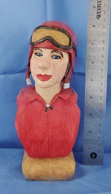 Donna Healy Signed Folk Art Woman Pilot Wood Carving Idaho Carver Approx 9''