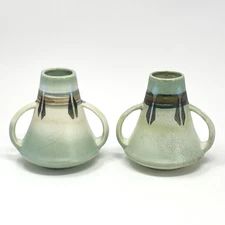 Vintage Made In Japan Double Handled Ceramic Vases Montacello 5” Green Set Of 2