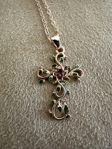Pink Crystal In Middle Of Golden Floral Green Cross Pendant Necklace - Picture 4 of 8