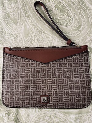 Anne Klein Wristlet Clutch Purse Brown Beige w Lion Logo Strap