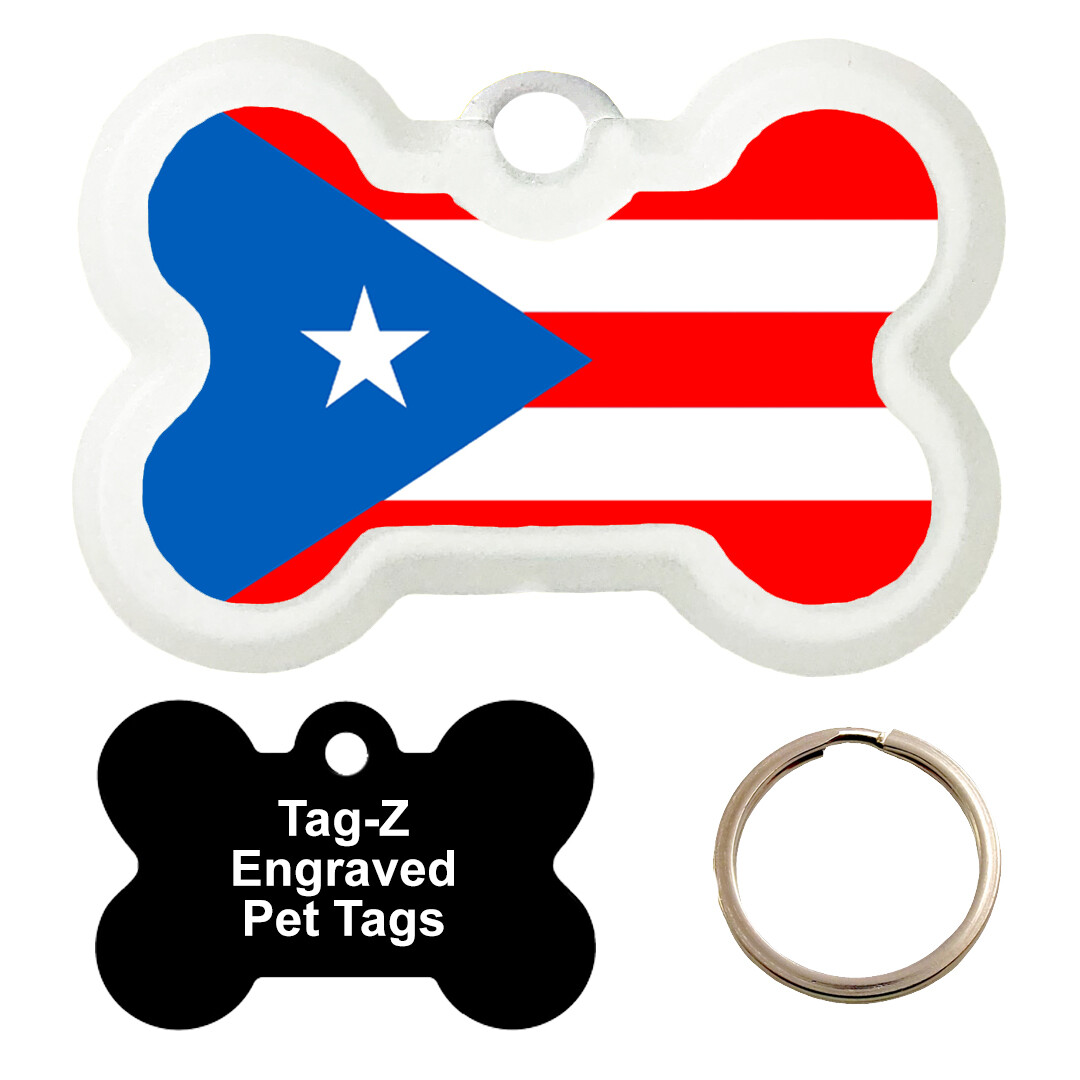 PUERTO RICO FLAG - CUSTOMIZED - PET TAG - BONE Shape - Tag-Z Dog Tags