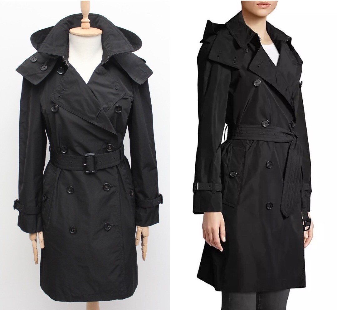 Women's BURBERRY London Amberford Trench Coat Hooded Black RARE