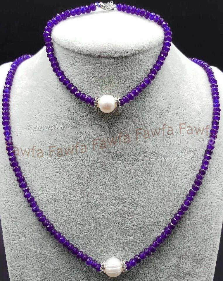 2x4mm Faceted Gemstone Rondelle Beads 8-9mm White Pearl Necklace Bracelet Set - Image 4 of 4