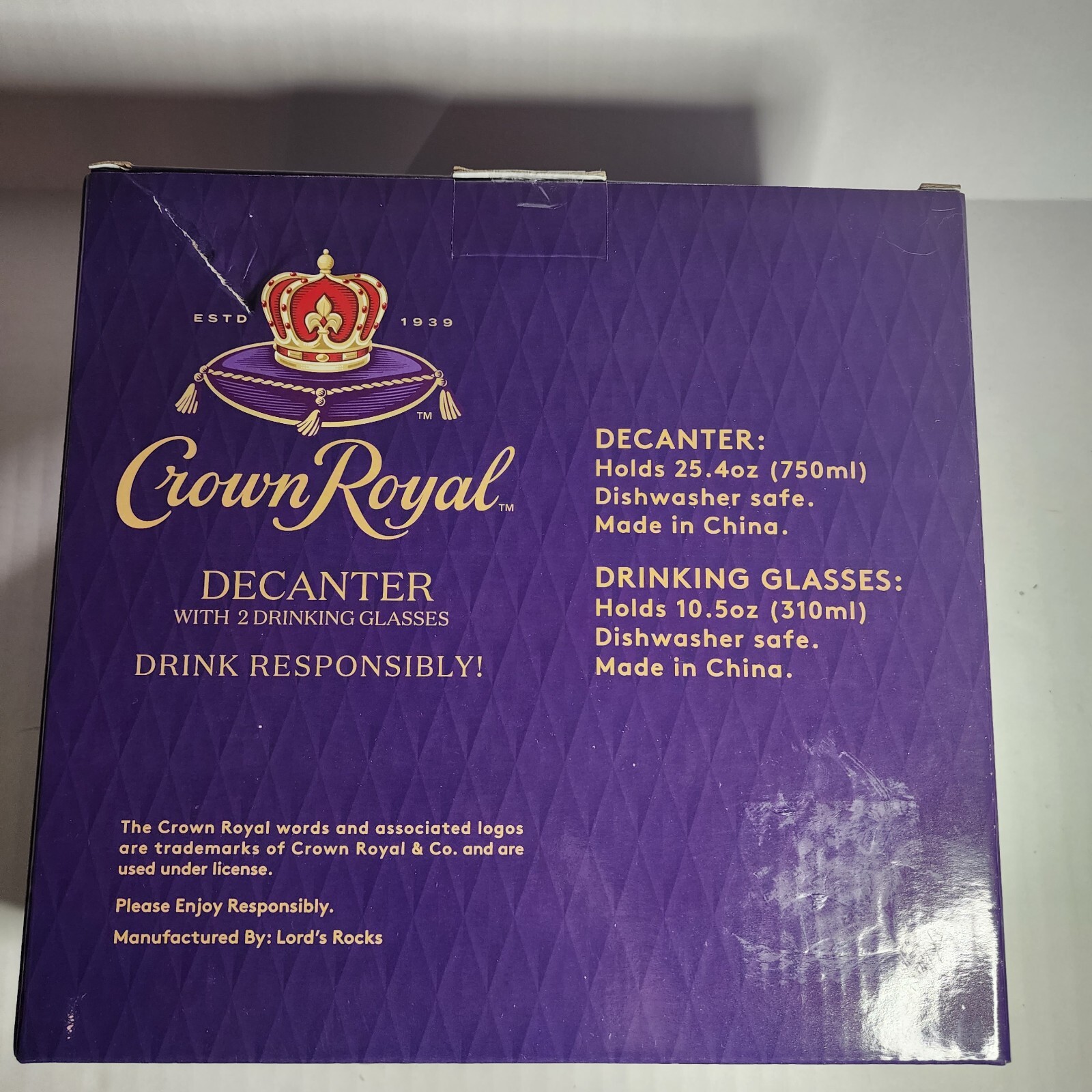 Crown Royal Decanter (25.4 oz) w/ 2 Drinking Glasses(10.5oz).CR..New In