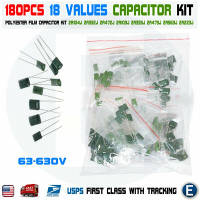 180PCS 18 Values Polyester Film Capacitor Assortment Electrolytic Kit 63-630V
