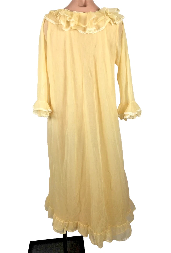 Vtg 60s Worth Chiffon Robe Ruffle Babydoll Sweep Lingerie Nightgown Wedding S - Image 2 of 4