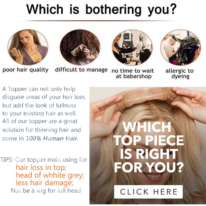 100% Remy Human Hair Topper Toupee Clip In Women Hairpiece Silk Base For Wiglets - Image 2 of 4