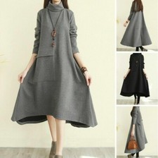 Women Winter Loose High-Neck Dress Long Sleeves Warm A-Line Sweater Dress