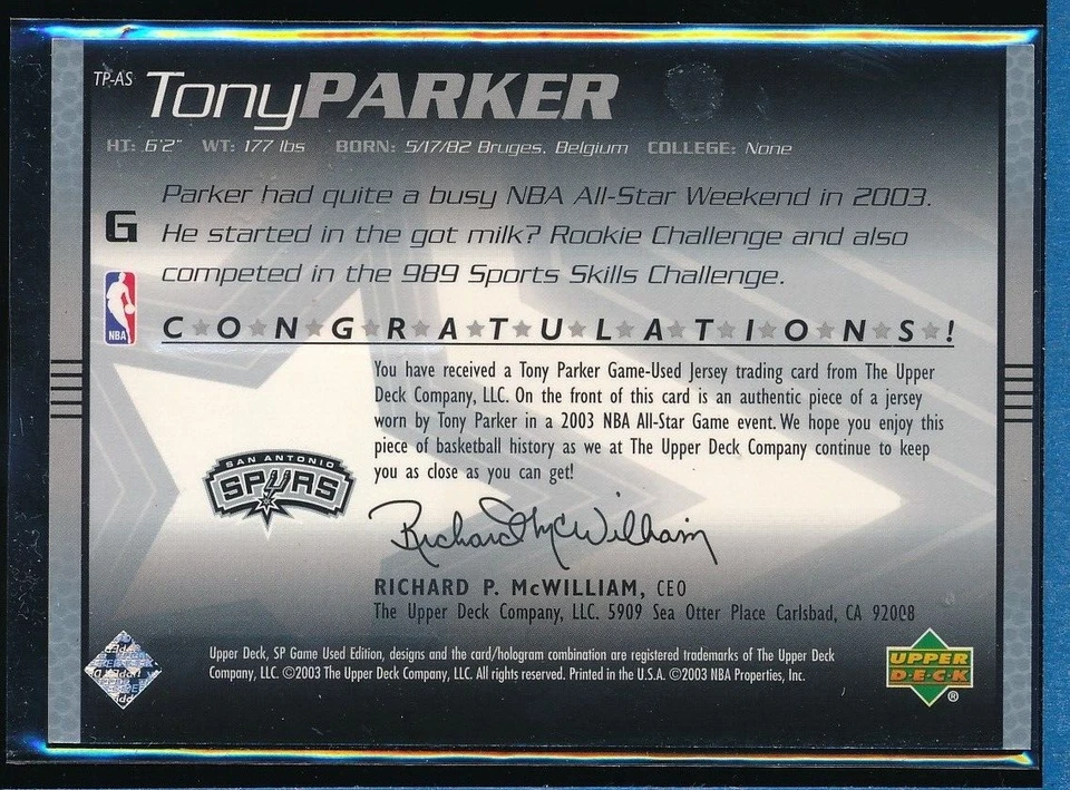 2003-2004 SP Game Used All-Star Apparel Tony Parker #TP-AS All Star Game Used SP - Image 2 of 2