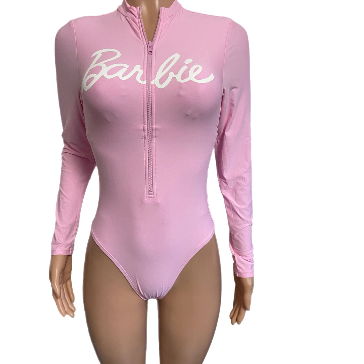 Barbie Pink Zip Up Bodysuit Swimsuit Scuba Type Top Nwt Lined