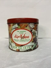 Vintage Chips N’ Chews Candy Tin Peerless Confection Co. 4 1/2” Tall 5” Round