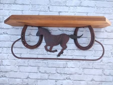 Retired Home Interior Western Horse Shelf and Towel Bar Wood Metal Horseshoe