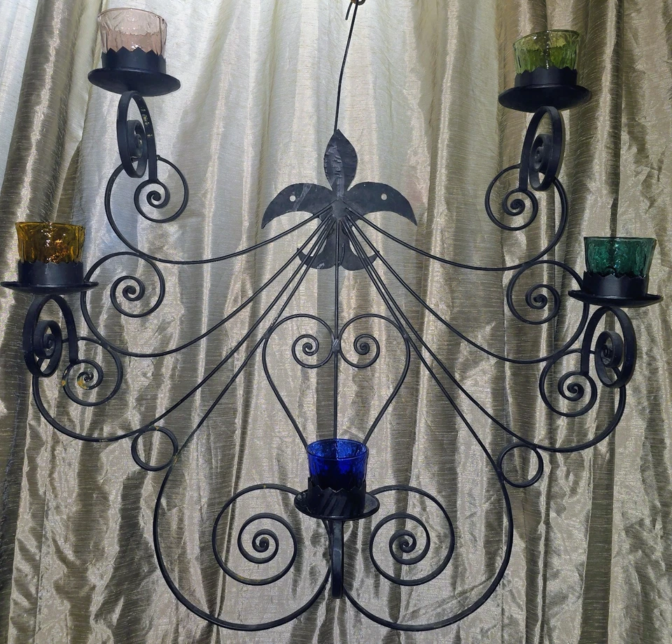 Antique Art Nouveau Black Wrought Iron Heart and Scroll 36x36 Wall Sconce W Glas - Image 4 of 4