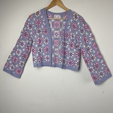 Crochet Granny Square Open Cardigan Crop Purple Patchwork Boho Cottage Hippie L