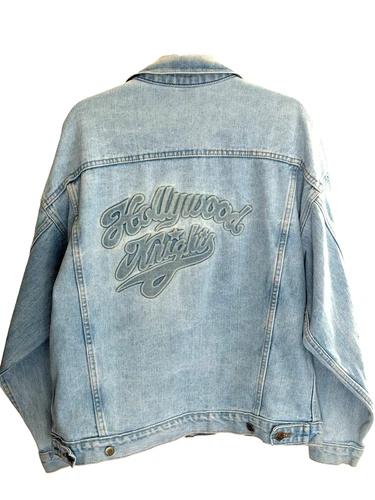 Vintage Hollywood Knights Denim Jacket Men's Large Light Wash Embroidered USA - product listing photo