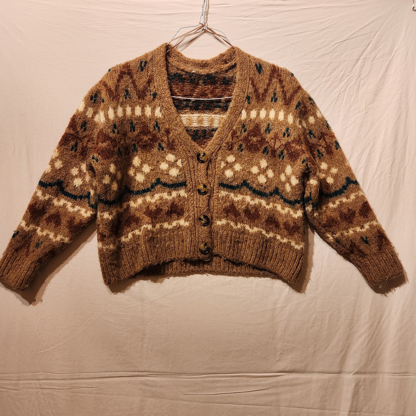 Zara Womens Sz M Brown Cropped Fair Isle Cabincore Cozy Cardigan Nordic Sweater