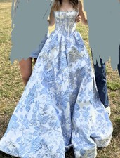 Sherri hill Blue White Floral chinoiserie ball Gown Dress Pearl Corset Basque