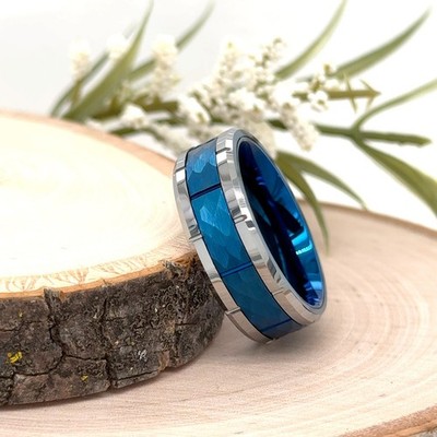 8mm Silver & Blue Tungsten Carbide Ring Faceted Brushed Finish Christmas Band
