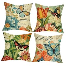 Spring Summer Floral Decorative Throw Pillow Covers 18 x 18 Set of 4, Butterfly