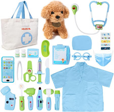 Toy Doctor Kit for Kids - Pretend Play Doctor Set with Dog Toy, Carrying Bag, St
