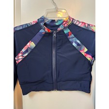 Tropical Floral Long Sleeve Cropped Rash Guard Navy Blue Zip Front Small