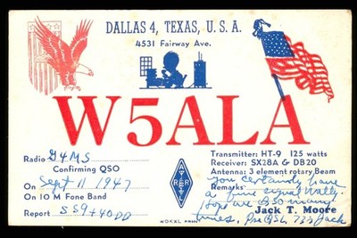 QSL Amateurfunk USA W5ALA Jack T Moore 1947 Dallas Texas - E343