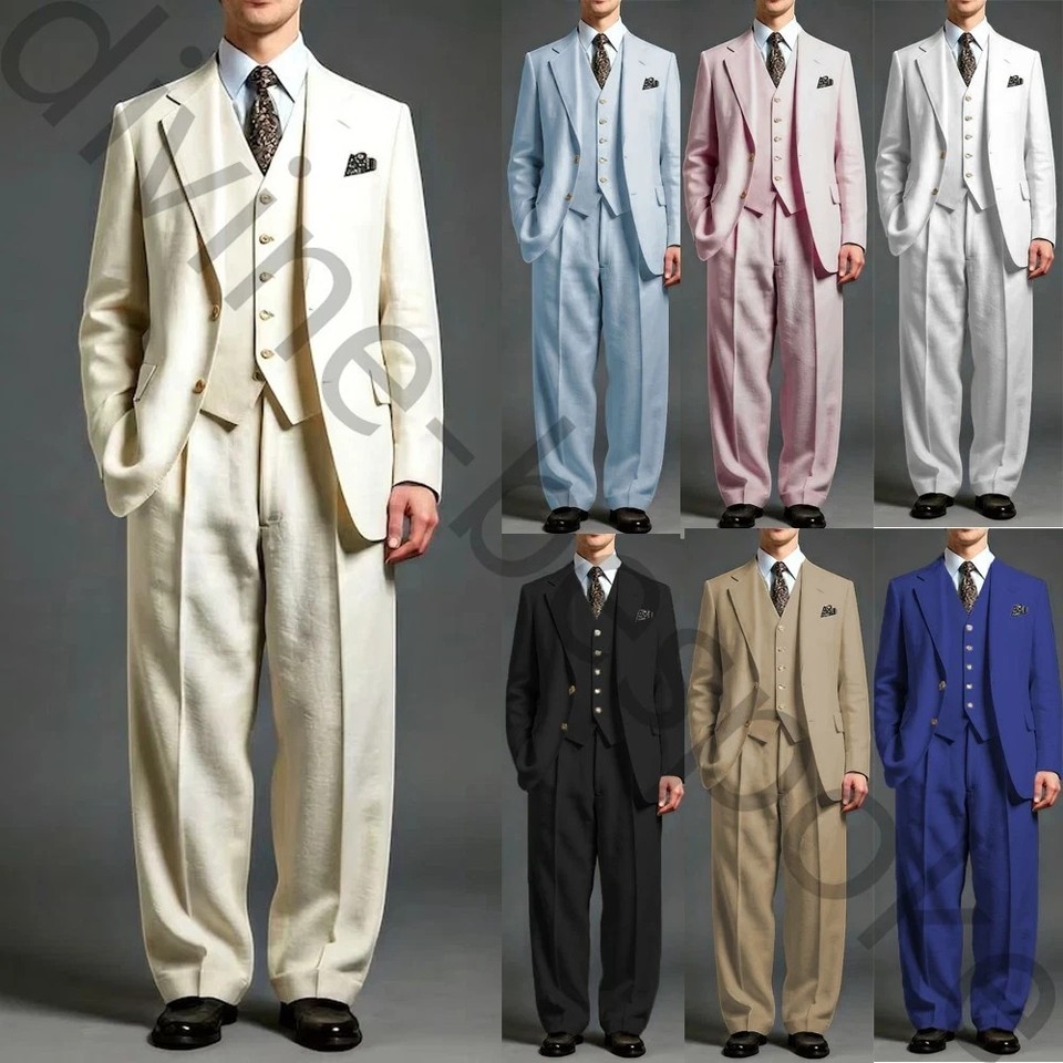Summer Linen Men Suit Casual Formal Business Wedding Groom Tuxedo Coat Pant Vest