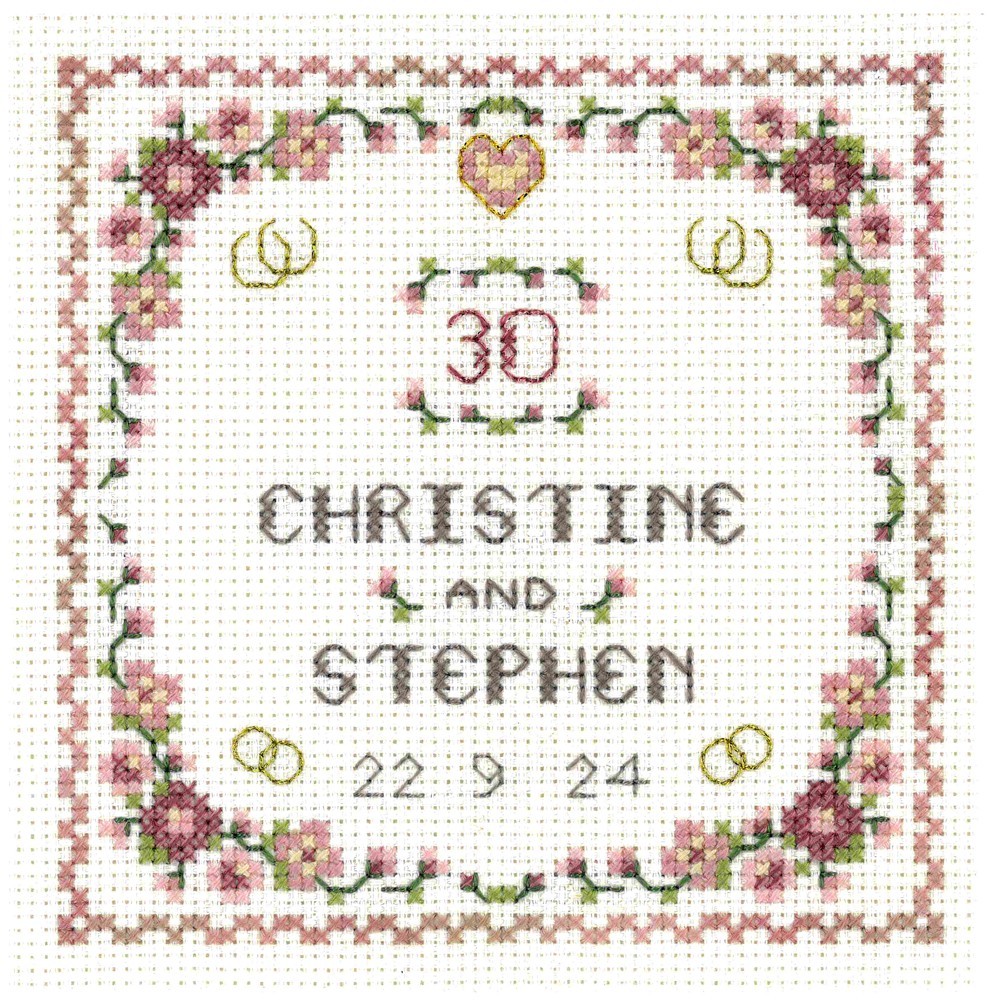 Pearl Wedding Anniversary with horseshoes & rings - Cross Stitch Kit on 14 aida