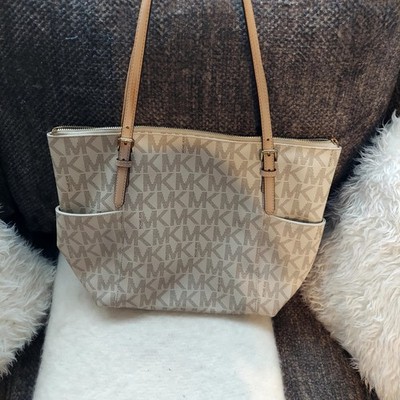 Michael Kors Jet Set Tote  Vanilla Signature Monogram, MK Logo Handbag 