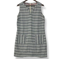 Boden 10 Dress Blue White Striped Tank 100% Linen V-Neck Pockets Beach Coastal