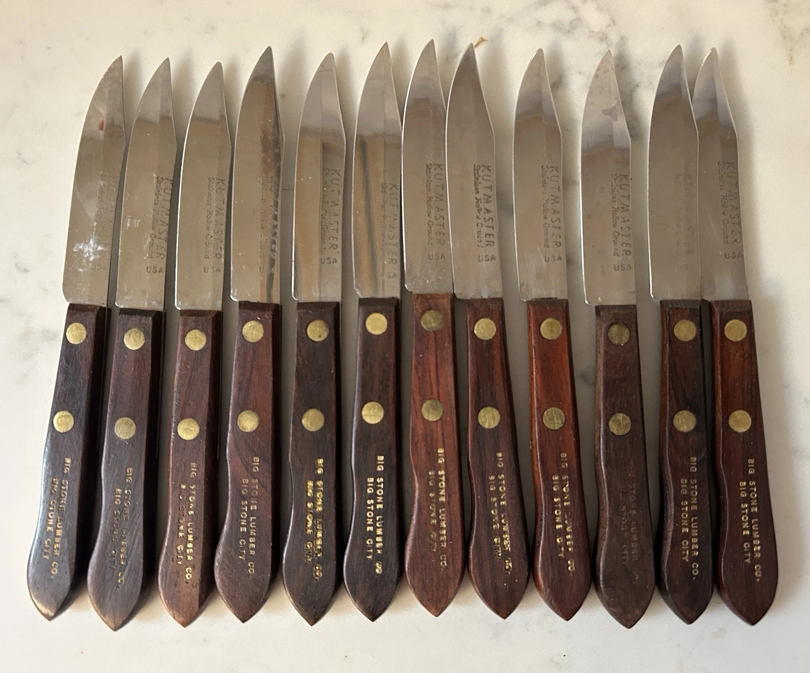 12 Vtg Kutmaster 6.5” Knifes Stainless Steel Wood Handle Big Stone Lumber Co.
Opens in a new window