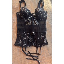 Victorias Secret Black Silver Metallic Lace Garter Corset Top Bra 32B NWT