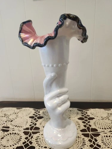 Fenton Black Rose Iridized Hand / Torch Vase