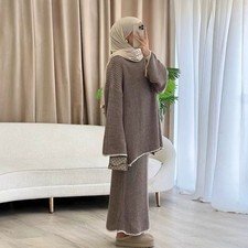 2pcs Muslim Women Long Sleeve Blouse Skirt Sets Casual Warm Outfits Suit Dubai