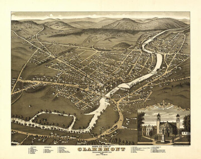 Panoramic Map of Claremont New Hampshire 16x20