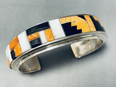 Mesmerizing Signed Native American Navajo Inlay Orange Spiny Black Onyx Sterling Silver Bracelet Mesmerizing Signed Native American Navajo Inlay Orange Spiny Black Onyx Sterling Silver Bracelet