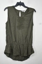 DR2 Womens Black Sleeveless Scoop Neck Embroidered Gartered Hem  Blouse Top