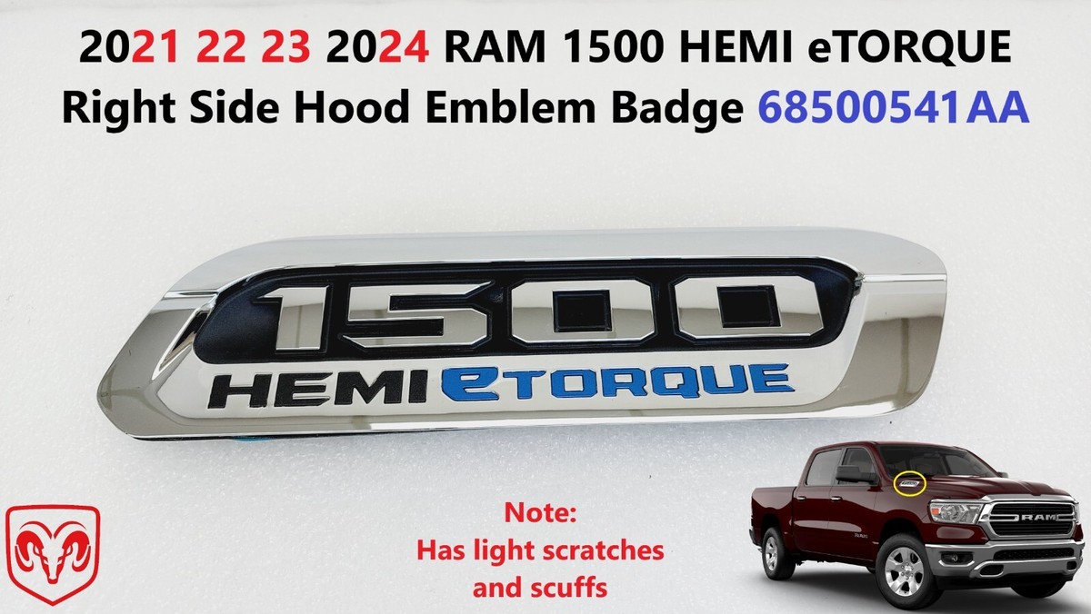 2021 22 23 2024 RAM 1500 HEMI eTORQUE Right Side Hood Emblem Badge