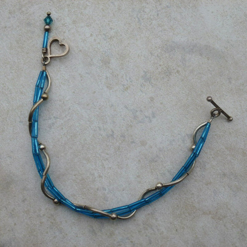 Saki signed 925 Heart and Bar beaded sterling bracelet