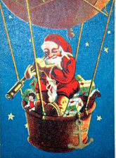 Santa Rides Hot Air Balloon with Toys Uses Telescope Merry Christmas Postcard