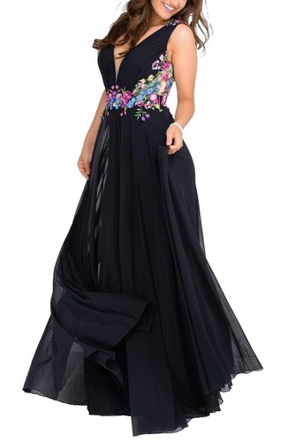 JOVANI FLORAL EMBROIDERED APPLIQUE ILLUSIONS BACK BLACK GOWN sz 6 | eBay