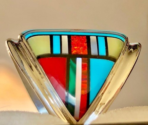 Large Turquoise Red Opal HOT Racing stripes Men's ring Italian 9.5 Silver T - Picture 12 of 12