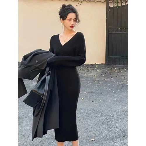 Vestido midi tejido para mujer cuello en V elegante suéter vestidos invierno damas - Imagen 4 de 30